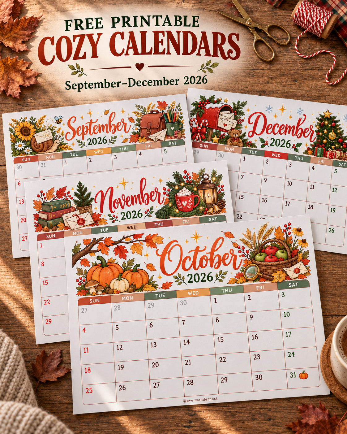 Free Printable Calendars: September to December 2026